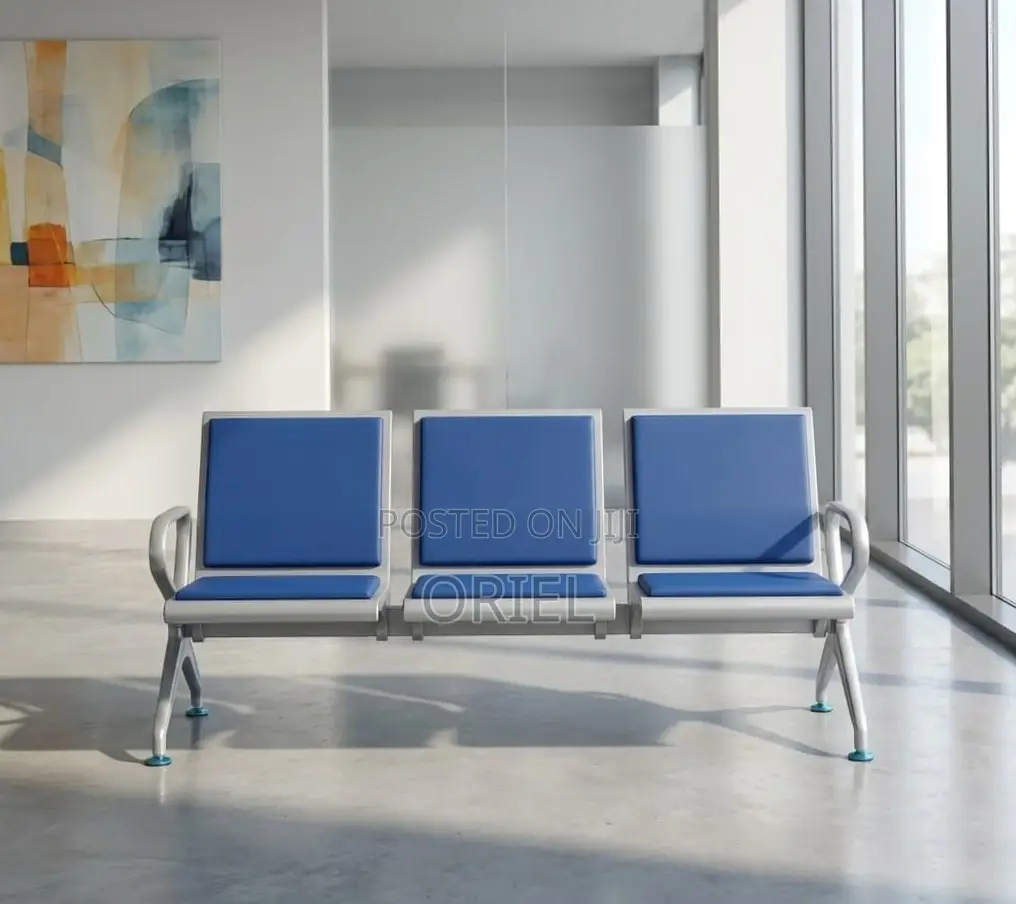 3-Seater Leather Padded Waiting Bench : Blue Bench