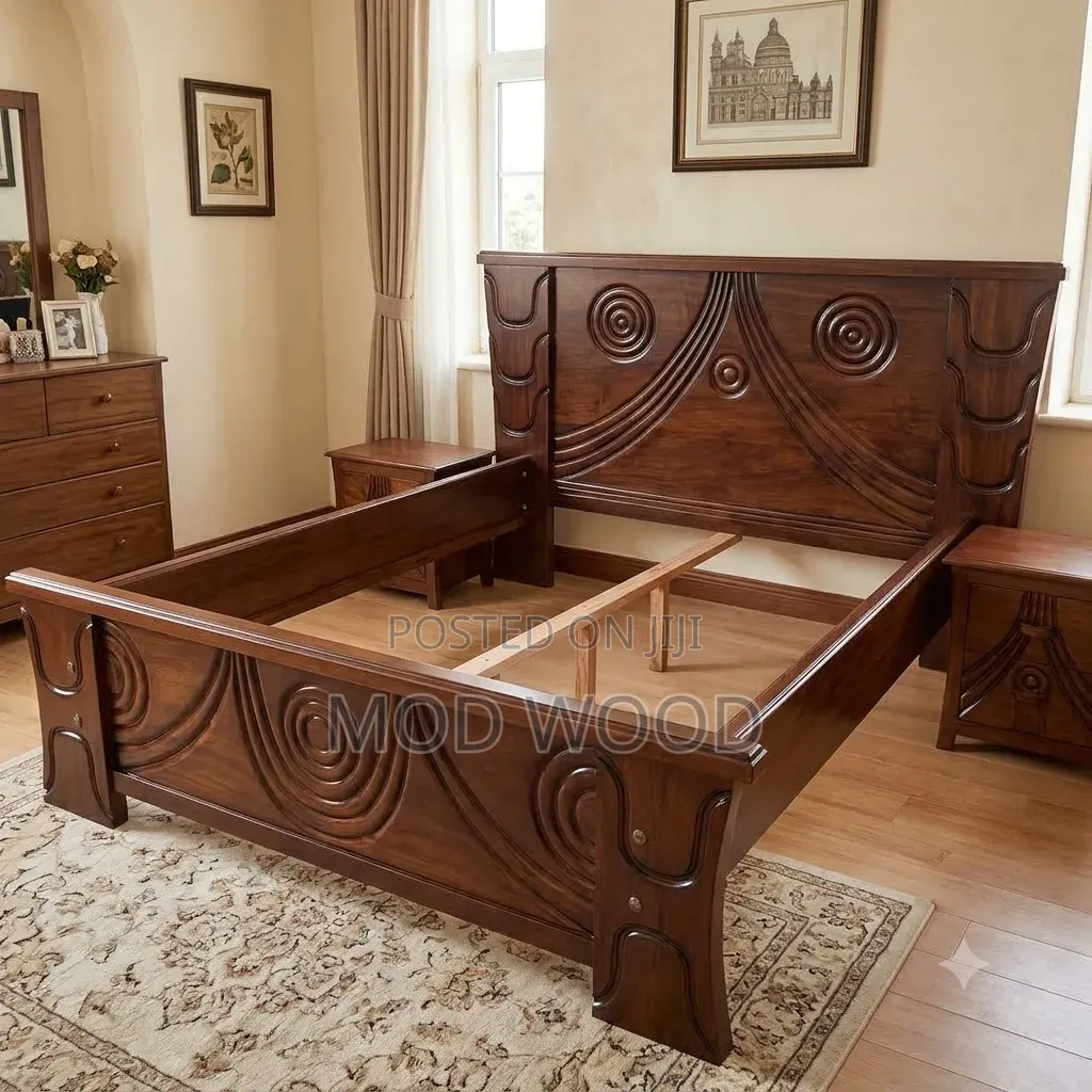 Grand Aura Spiral Carved 5*6ft Solid Wood Bed Frame