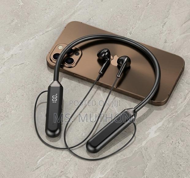 Wireless Bluetooth Neckband Earphones With a Digital Battery Display.