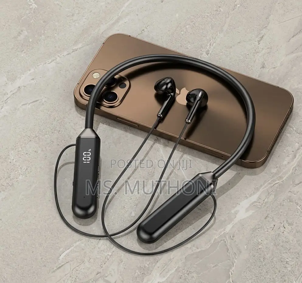 Wireless Bluetooth Neckband Earphones With a Digital Battery Display.