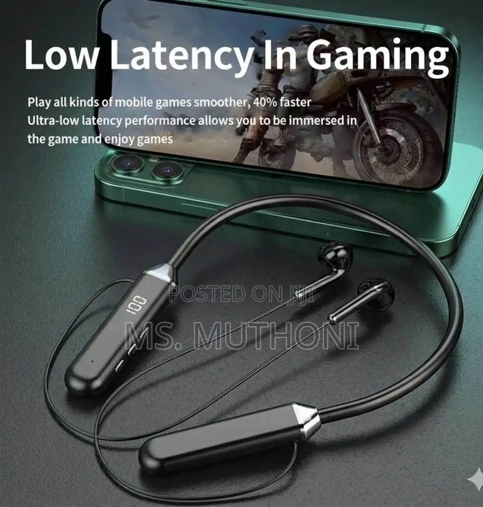 Wireless Bluetooth Neckband Earphones With a Digital Battery Display.