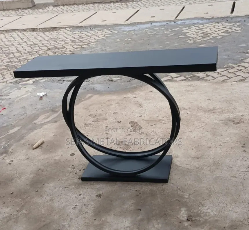 Black Wooden Console With Metal Frame.