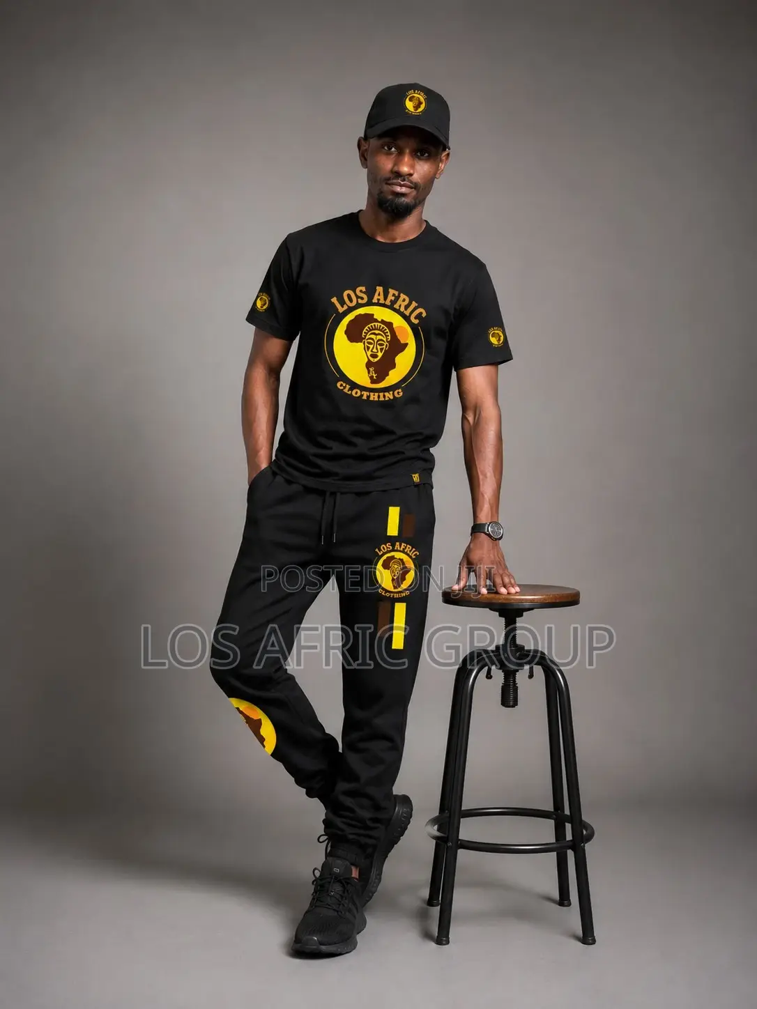 All Black Full Los Afric Clothing: Black Cap, Black Tshirt,black Sweat