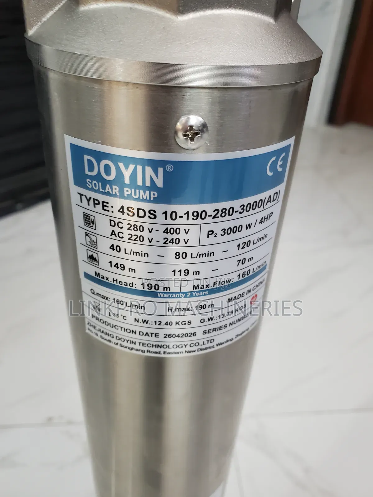 4hp 3000 Watts Doyin AC/DC 190 Metres Head Submersible Pump