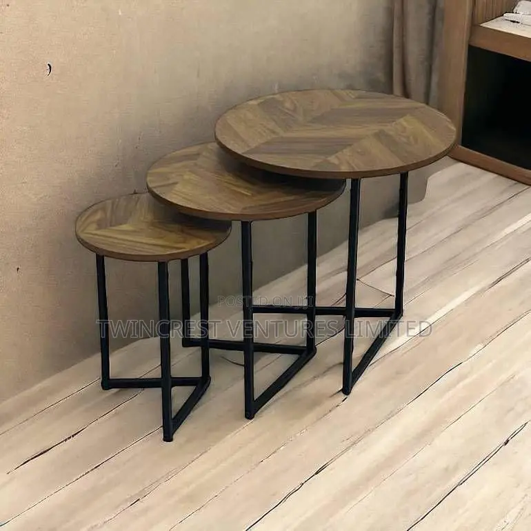 3in1 Modern Round Walnut Nesting Table With Black Stands
