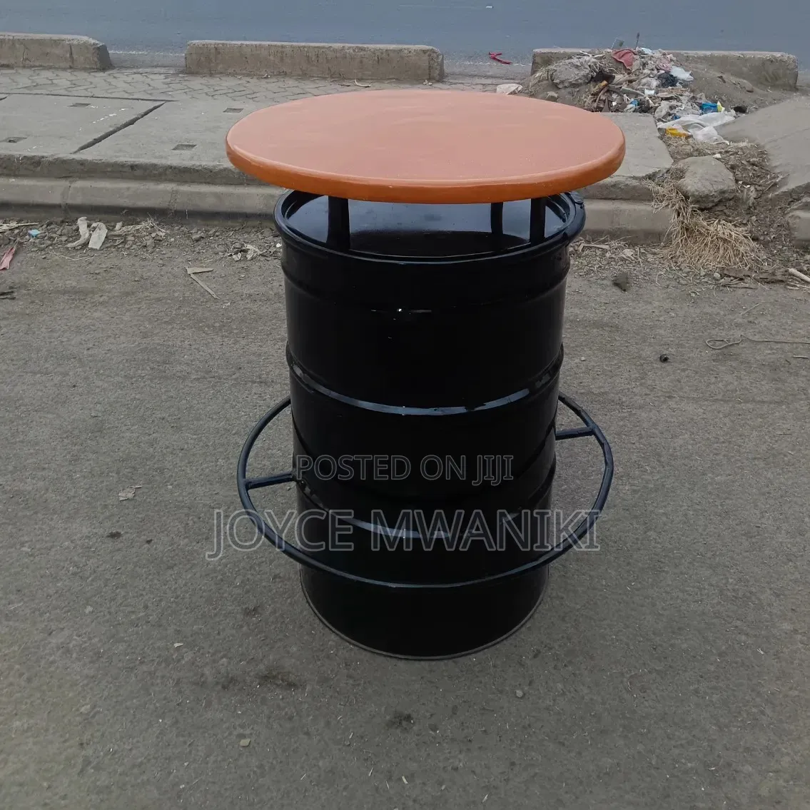 Custom Black Drum Table With, Light Brown Marble Top