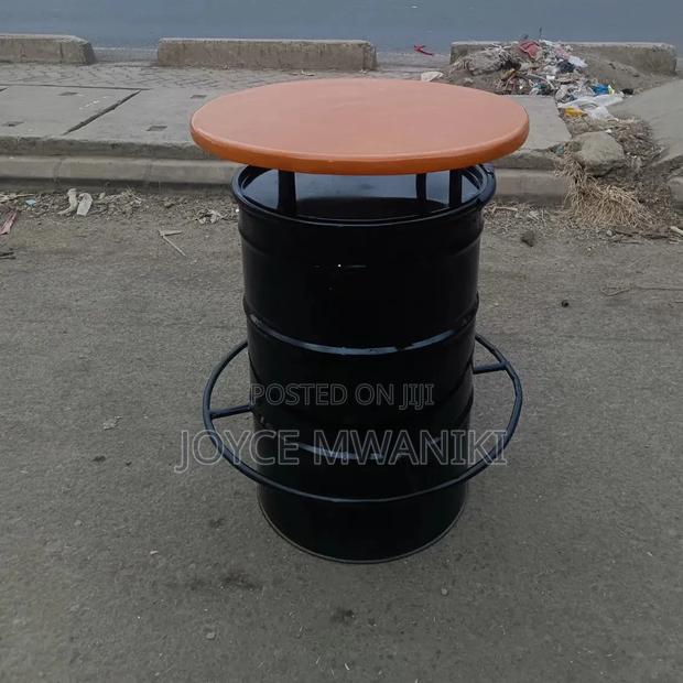 Custom Black Drum Table With, Light Brown Marble Top - thumbnail 2
