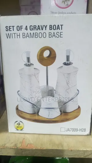 Ceramic Gravy Boat Season Oil Dispenser and Shakers on Bamboo Base