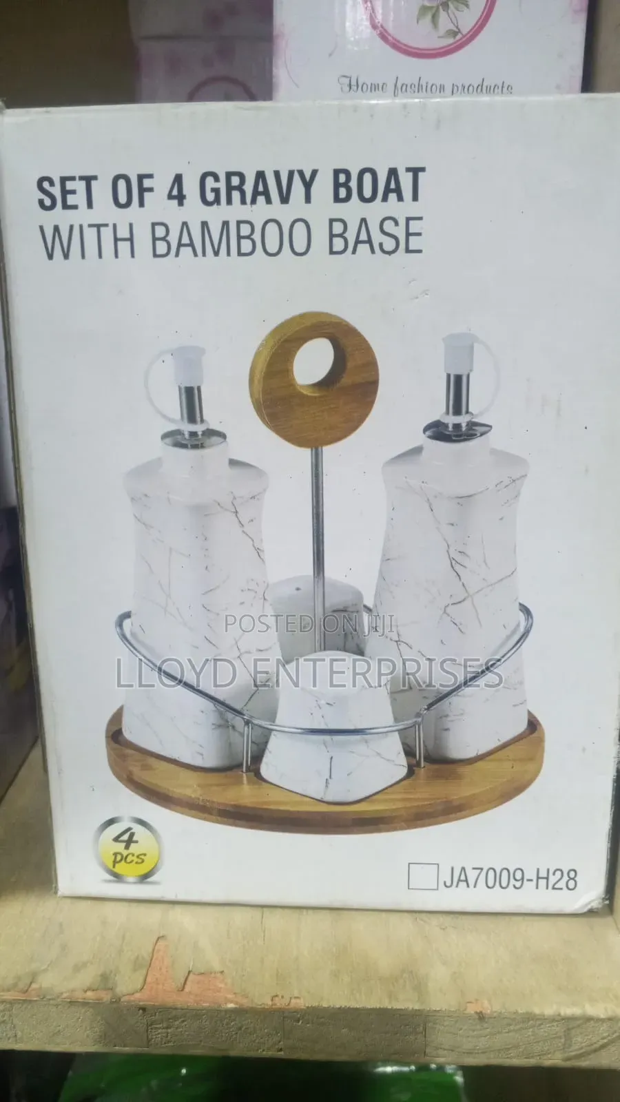Ceramic Gravy Boat Season Oil Dispenser and Shakers on Bamboo Base