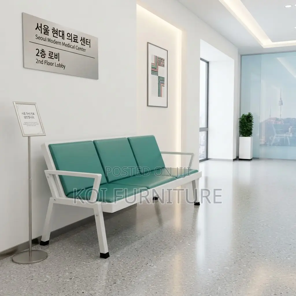 Office Benches; Leather Reception Blue Three Seater Bench