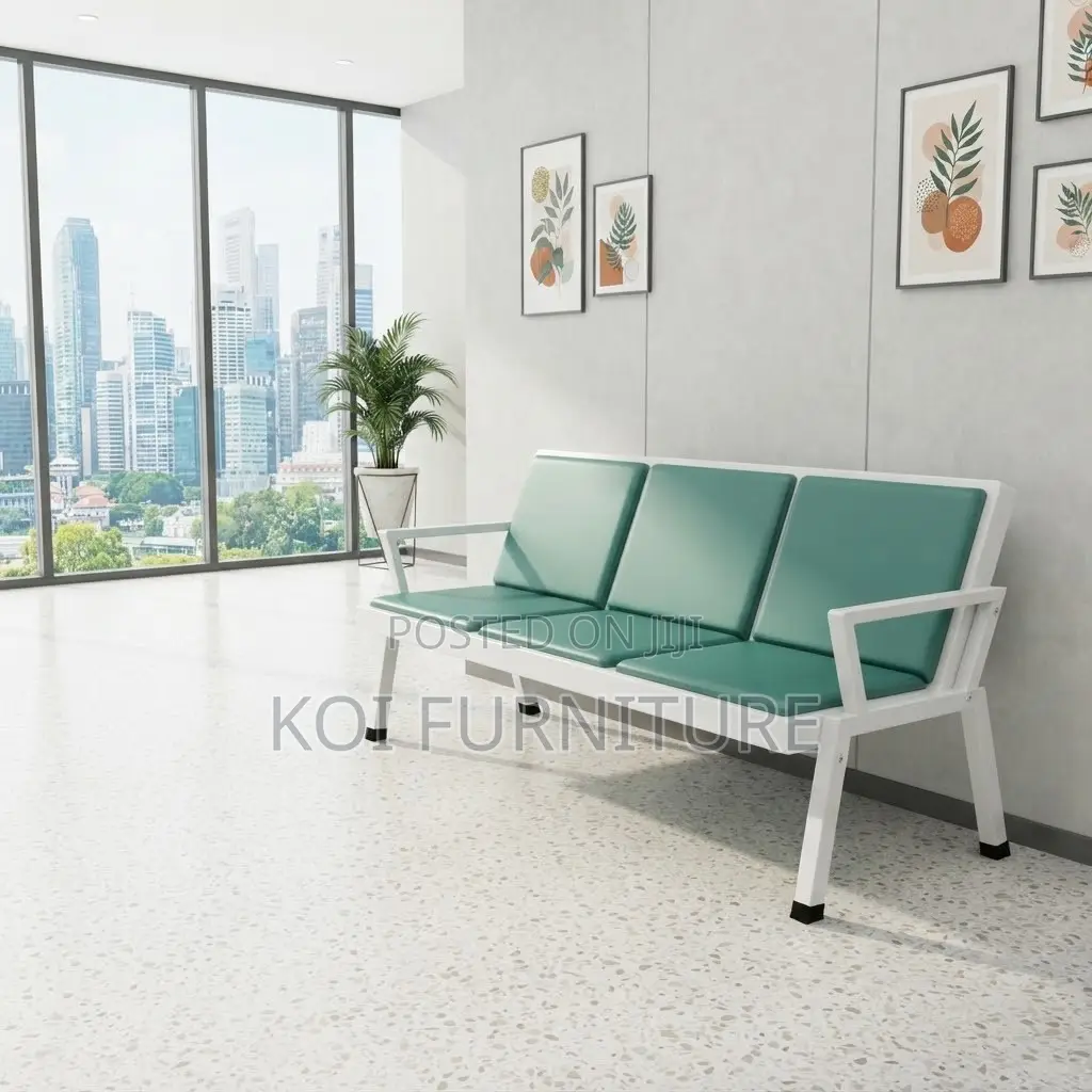 Office Benches; Leather Reception Blue Three Seater Bench