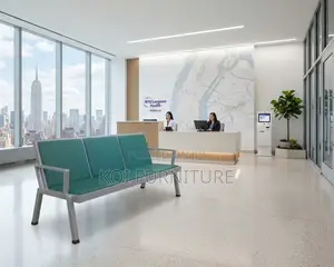 Office Benches; Leather Reception Blue Three Seater Bench