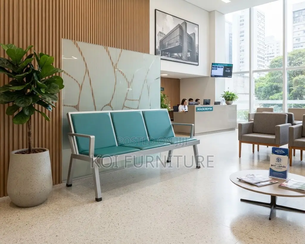 Office Benches; Leather Reception Blue Three Seater Bench