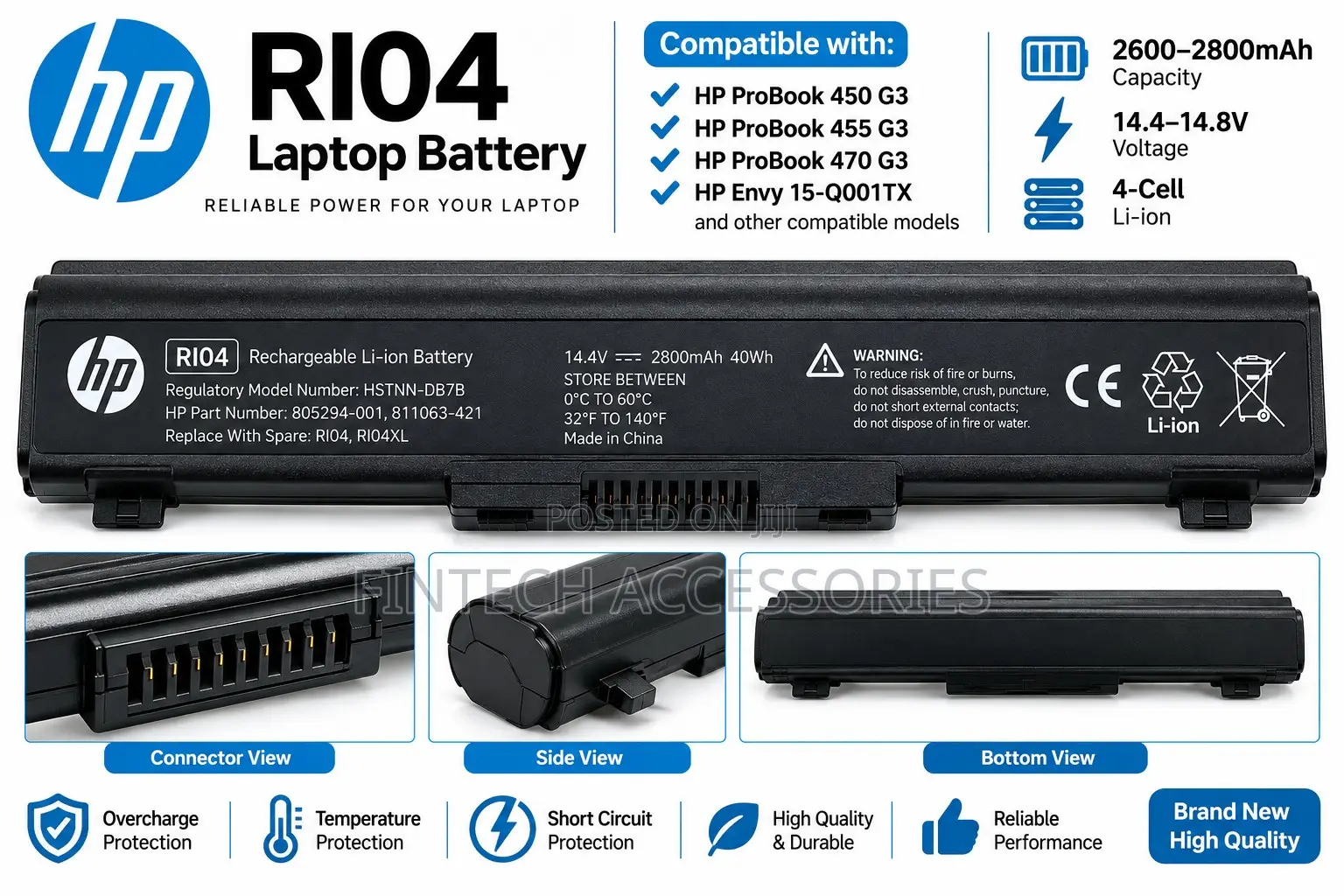 HP RI04 Battery for ProBook 450 455 470 G3 – 4 Cell