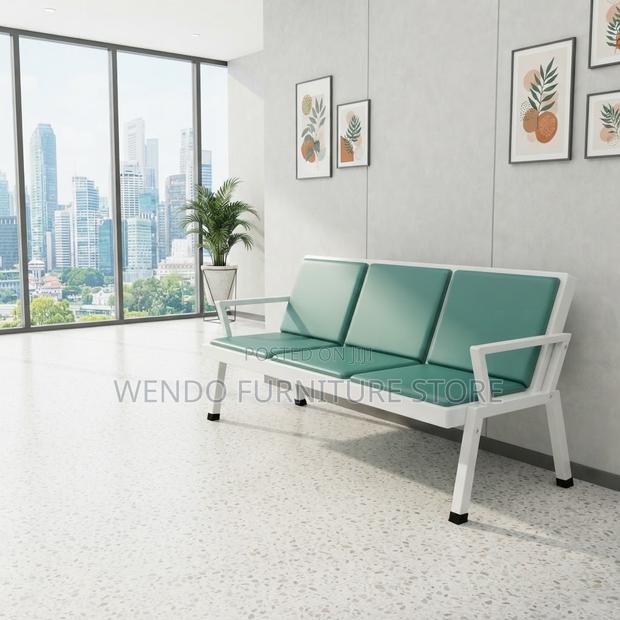 Office Bench; Blue Metallic Framed Leather Reception Bench - main view
