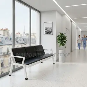 Office Bench; Blue Metallic Framed Leather Reception Bench