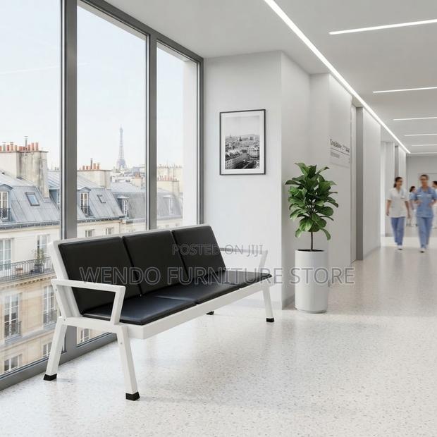 Office Bench; Blue Metallic Framed Leather Reception Bench - thumbnail 2