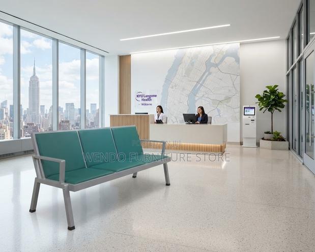 Office Bench; Blue Metallic Framed Leather Reception Bench - thumbnail 3