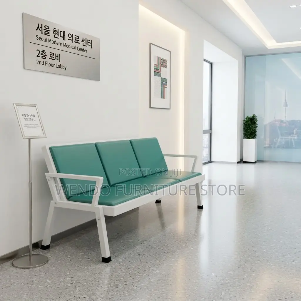Office Bench; Blue Metallic Framed Leather Reception Bench