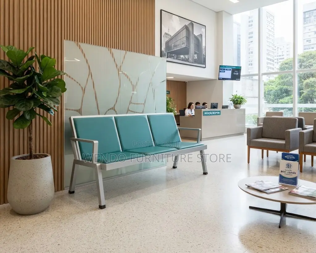 Office Bench; Blue Metallic Framed Leather Reception Bench