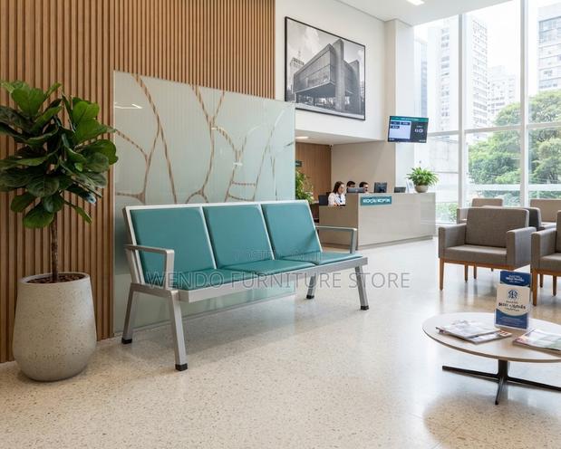 Office Bench; Blue Metallic Framed Leather Reception Bench - thumbnail 4