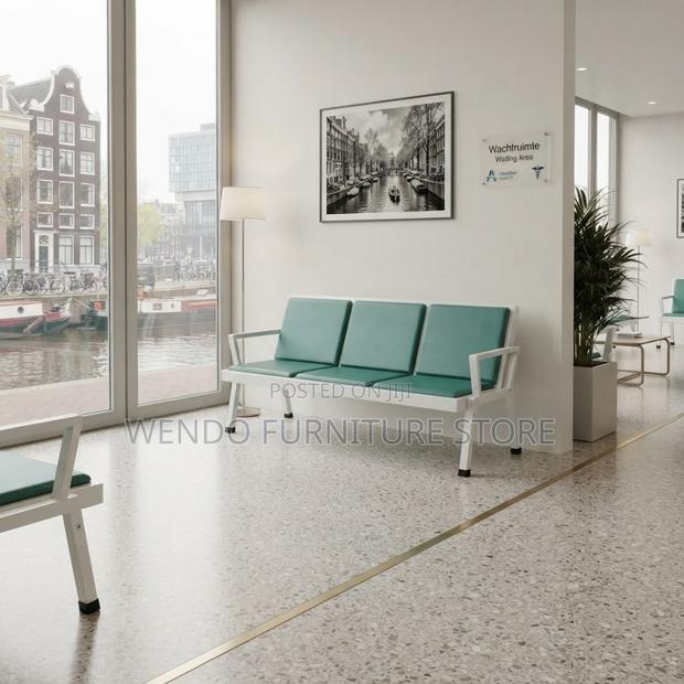Office Bench; Blue Metallic Framed Leather Reception Bench - thumbnail 6