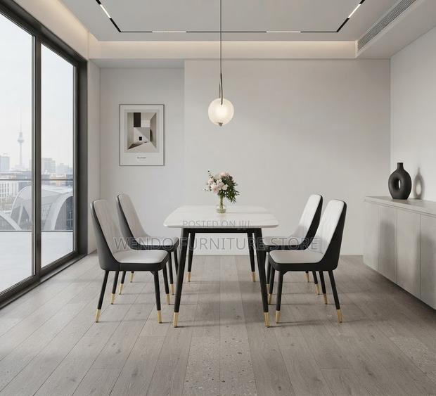 Dining Set; Four Seaters Dining Set With Marble Table and Leather Seat