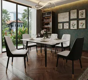 Dining Set; Four Seaters Dining Set With Marble Table and Leather Seat