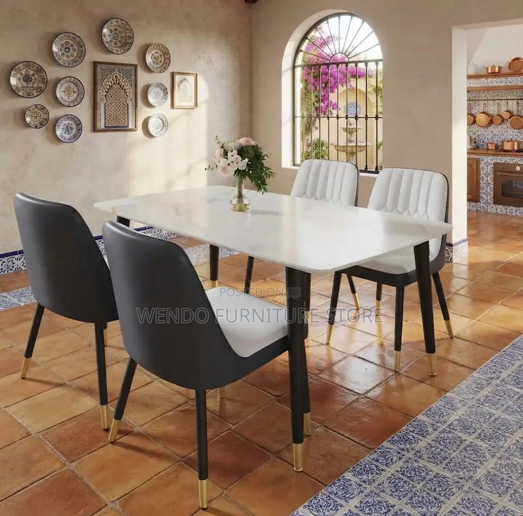 Dining Set; Four Seaters Dining Set With Marble Table and Leather Seat
