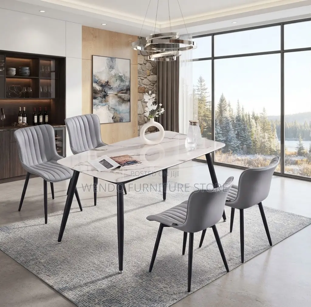 Dining Set; Four Seaters Dining Set With Marble Table and Leather Seat