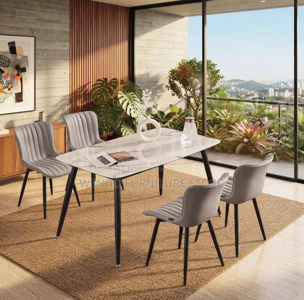 Dining Set; Four Seaters Dining Set With Marble Table and Leather Seat