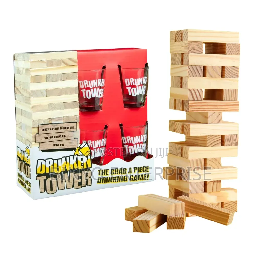 Jenga Tower With 4 Shots Glasses