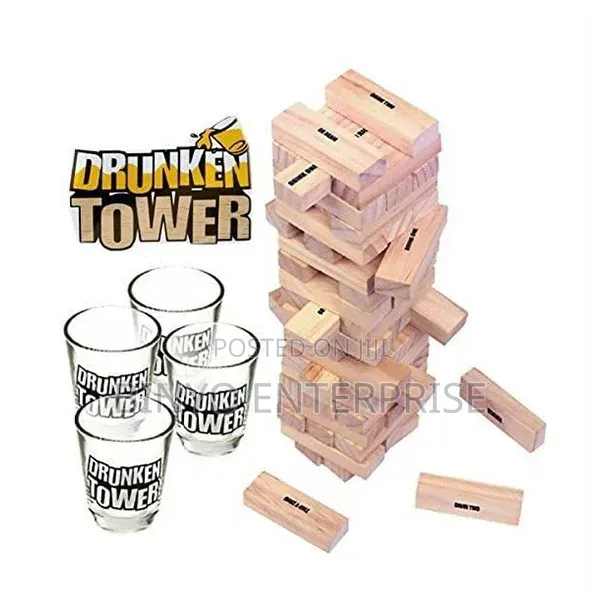 Jenga Tower With 4 Shots Glasses