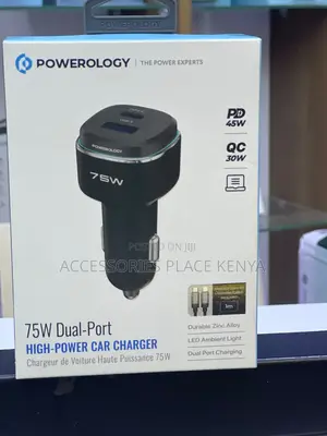 Powerology 75W USB A+C Port Car Charger With C to L MFi Cable - Black