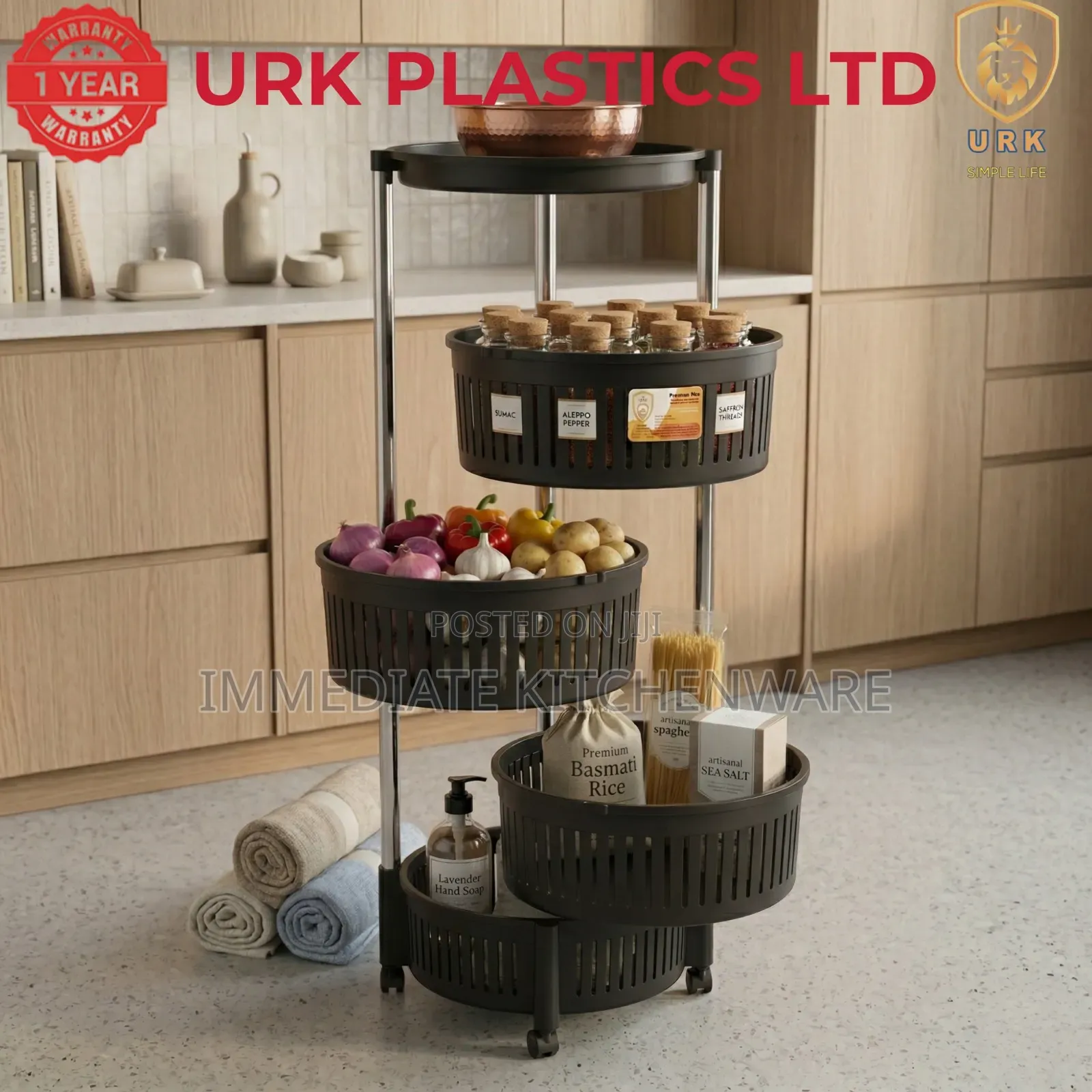 Urk Rotatable 4-Tier Fruit Rack With Wheels - Black