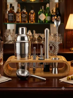 Complete Stainless Steel Cocktail Shaker Set With Wooden Stand
