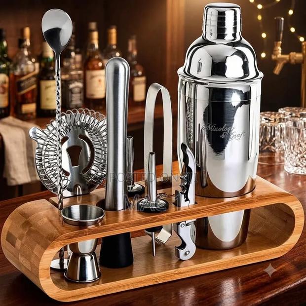 Professional Bartender Tool Set With Oval Bamboo Stand (Brand New)
