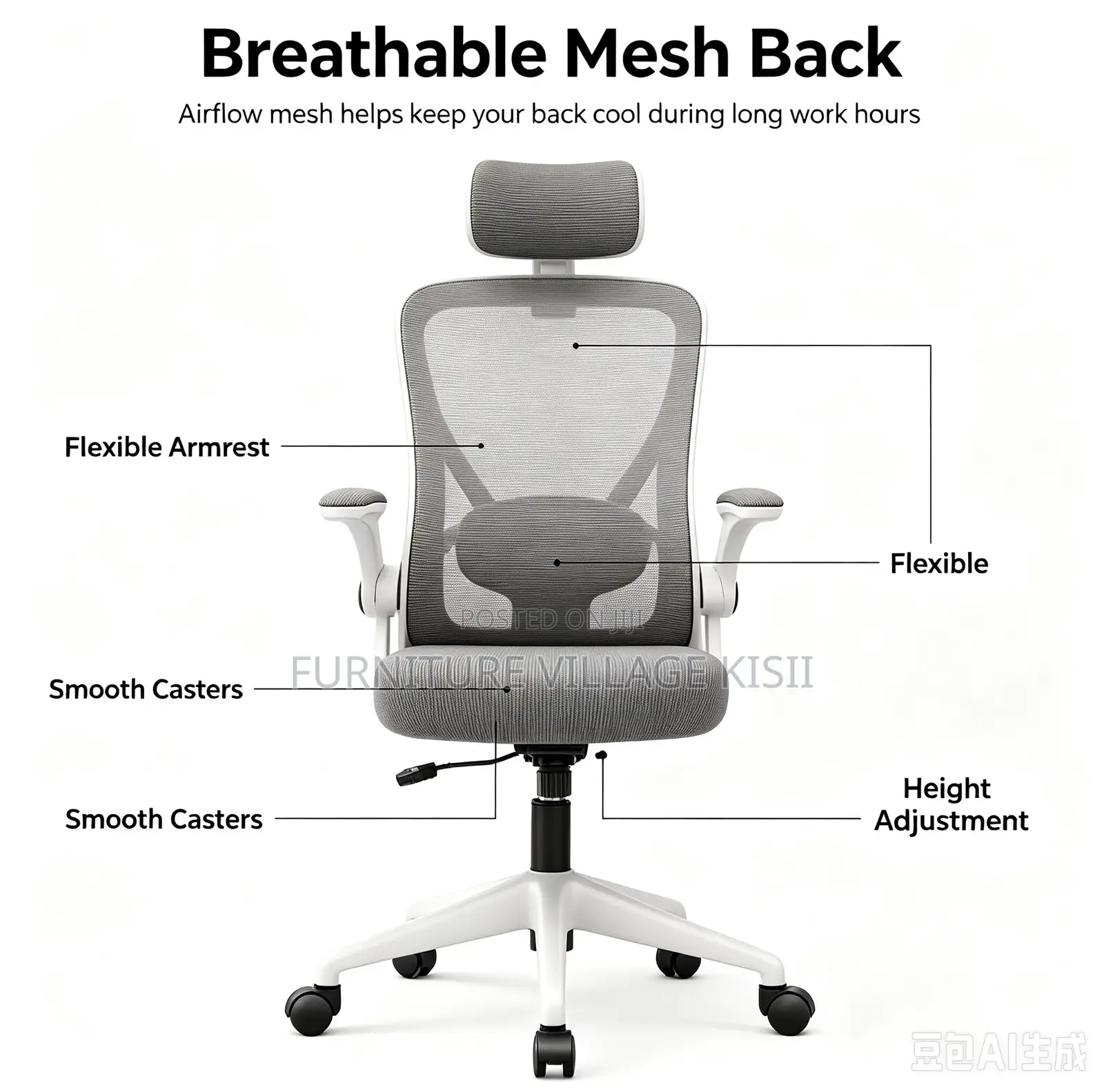 Office Chair;Gray Ergonomic High Back Orthopedic Headrest Chair
