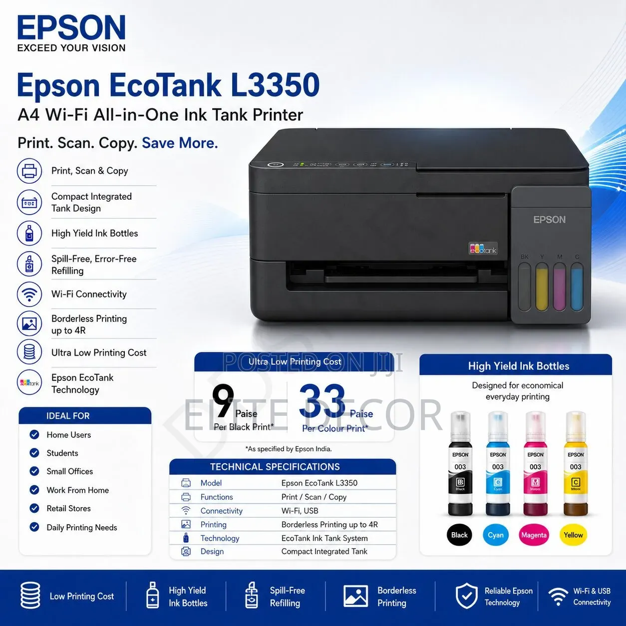 Epson EcoTank L3350 Wi-Fi All-in-One Printer – Print, Scan Copy