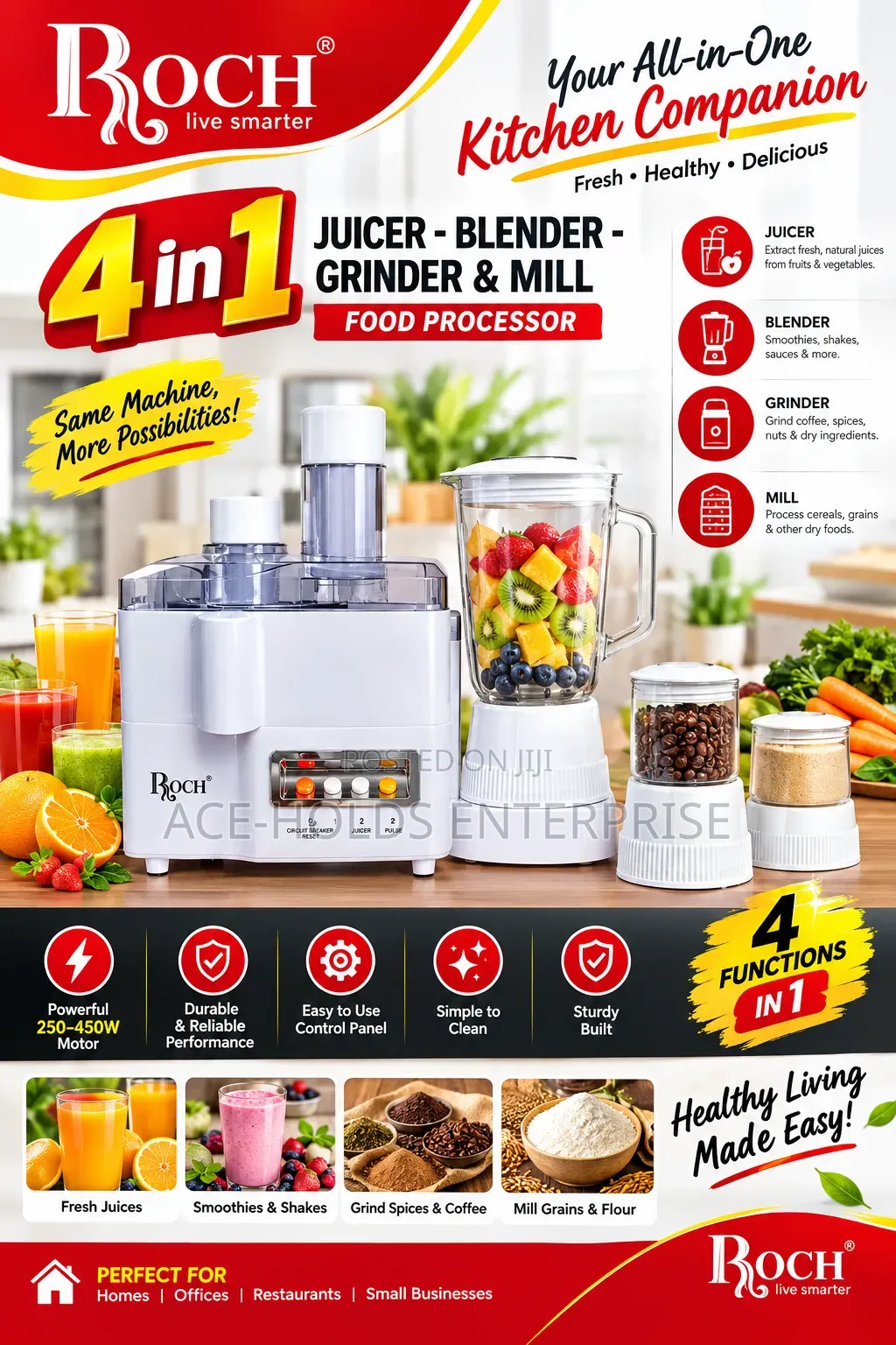 Roch 4 in 1 Juicer Blender-Grinder, Mill Food Processor - 250-450watts