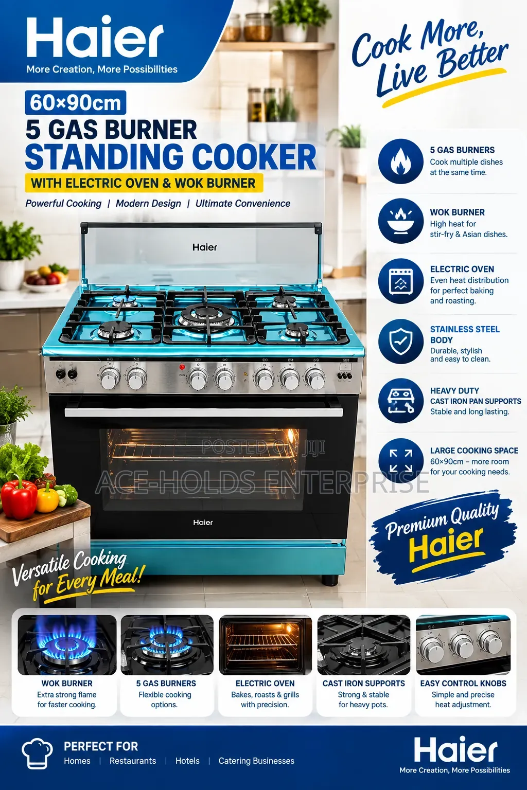 60*90 Haier 5 Burner Standing Gas Cooker - Electric Oven Wok Burner