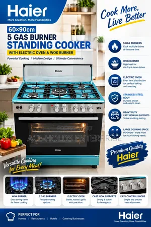 60*90 Haier 5 Burner Standing Gas Cooker - Electric Oven Wok Burner
