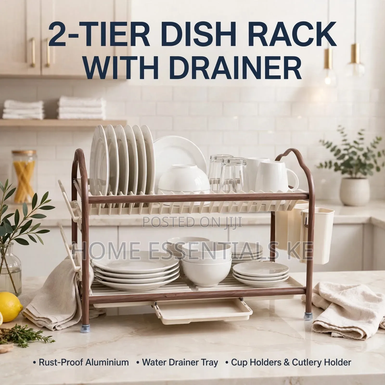 2-Tier Aluminum Dish Drying Rack With Drainer