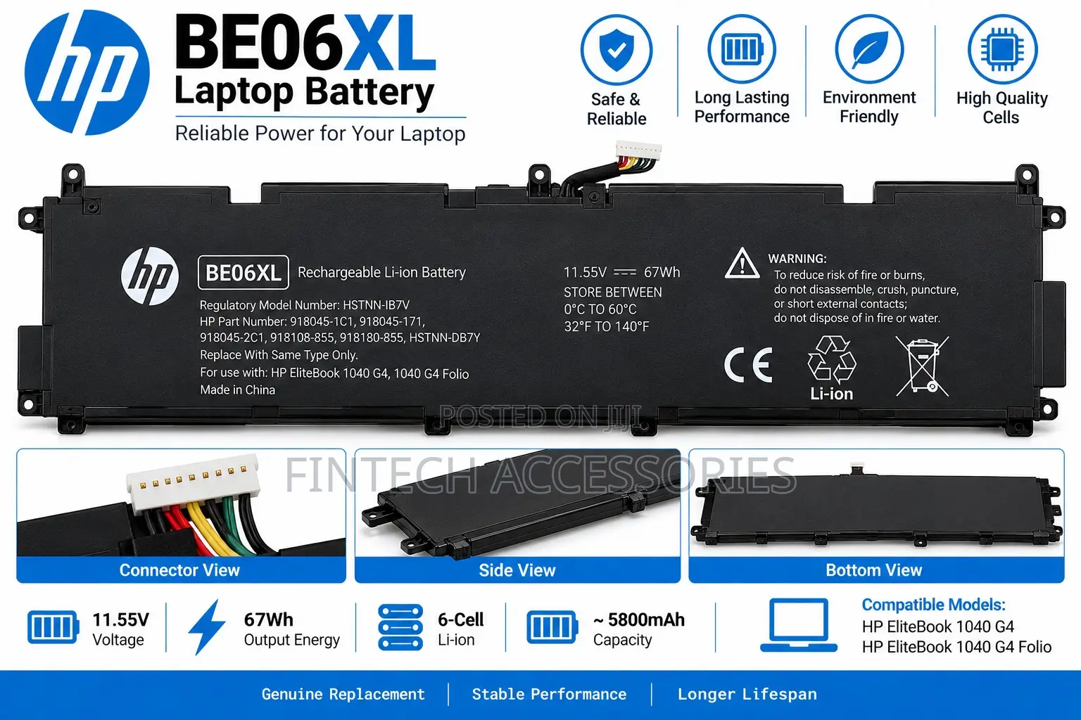 HP BE06XL Battery for EliteBook 1040 G4 – 67Wh 6-Cell