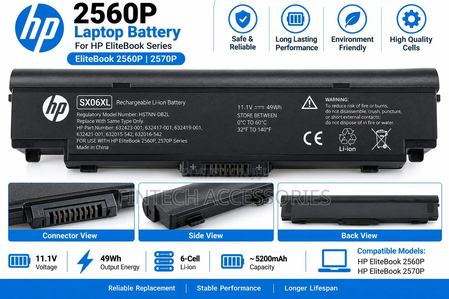 HP 2560P Battery for EliteBook 2560P 2570P – 6 Cell