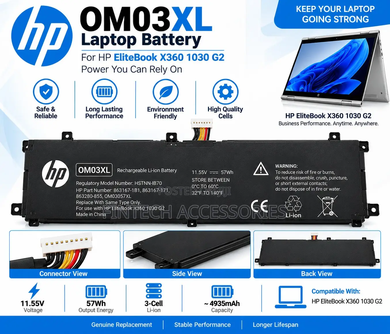 HP OM03XL Battery for EliteBook X360 1030 G2 – 57Wh