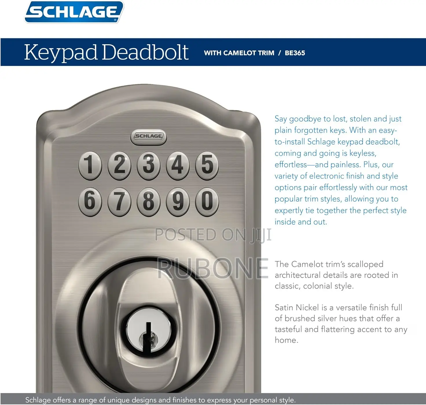 Schlage BE365CAM619 Camelot Keypad Deadbolt, Satin Nickel