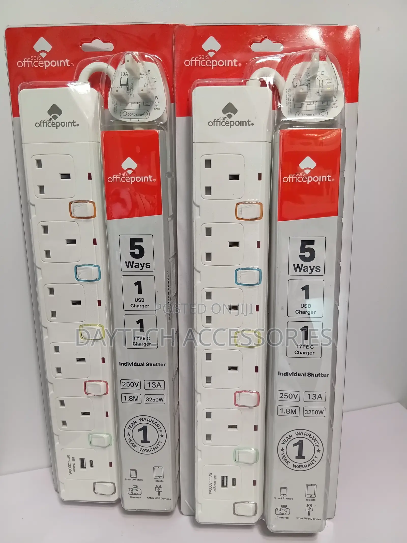 Officepoint 5-Way Extension Sockets With Individual Switches.
