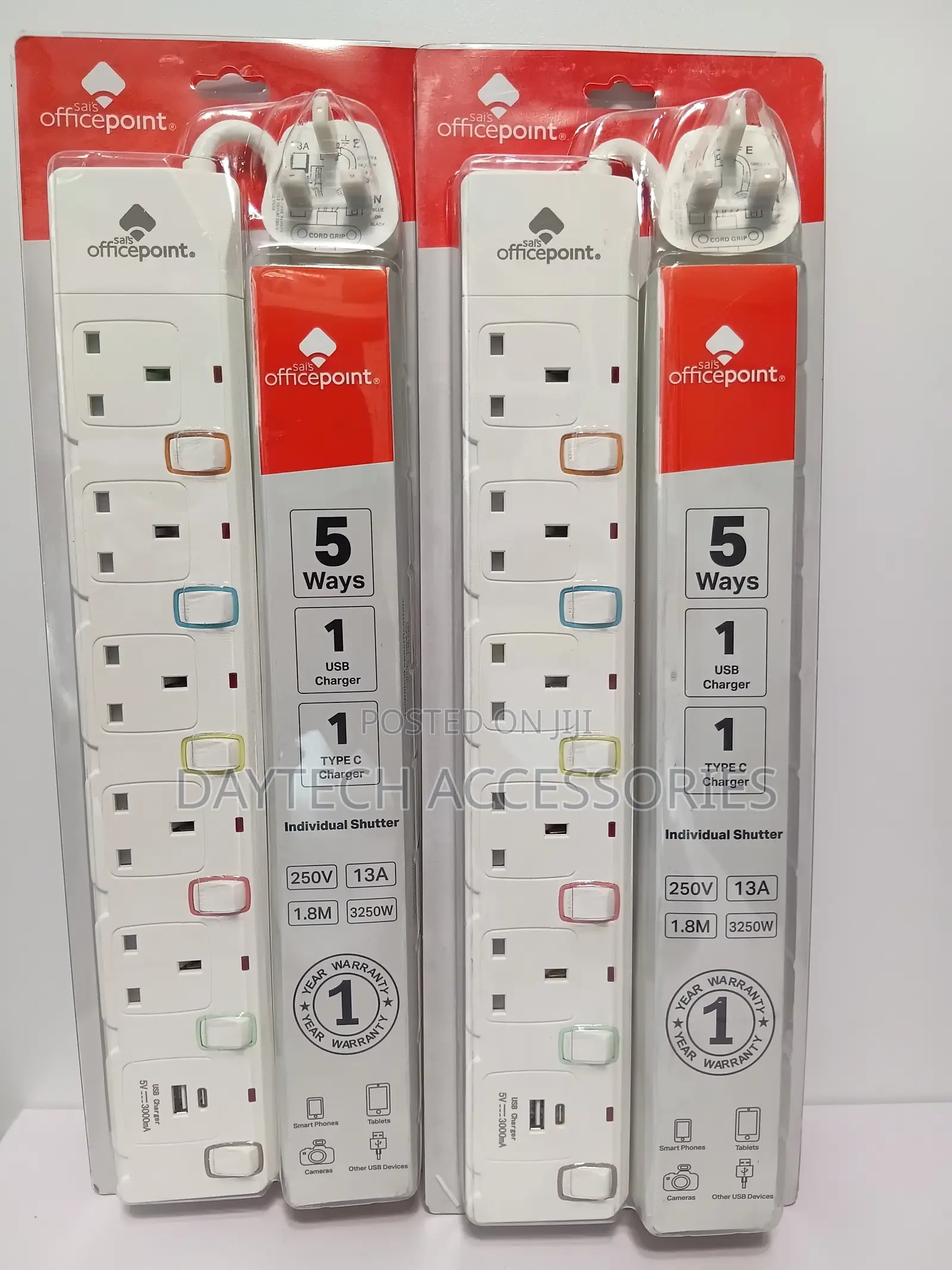 Office Point 5-Way Extension Socket With USB and Type-C Charger