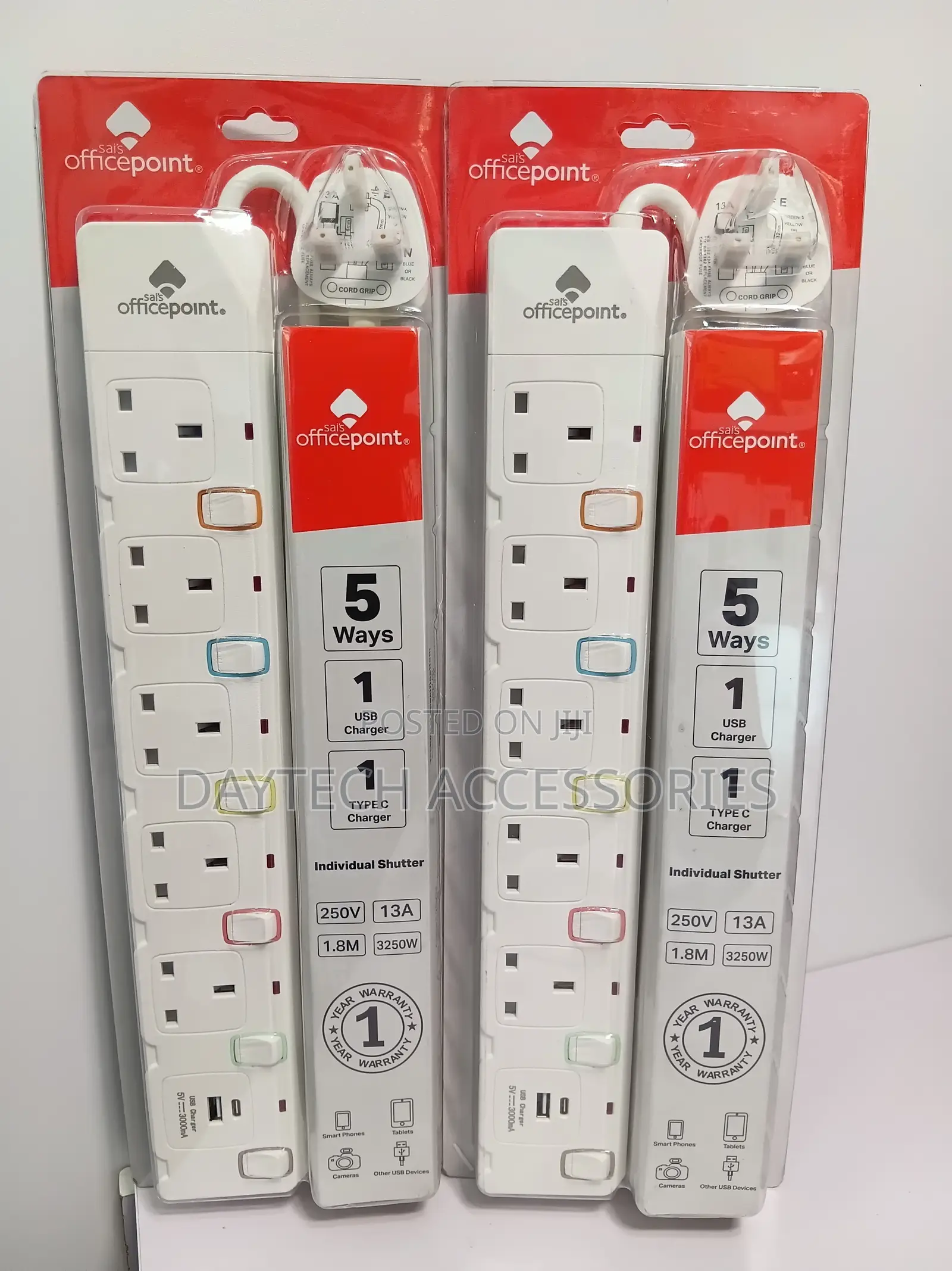 Officepoint 5-Way Extension Socket With One USB Port and One Type-C.